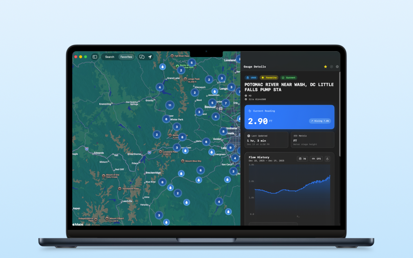 GaugeWatcher on a Mac: a map of Colorado gauges beside a gauge's current reading and flow history chart